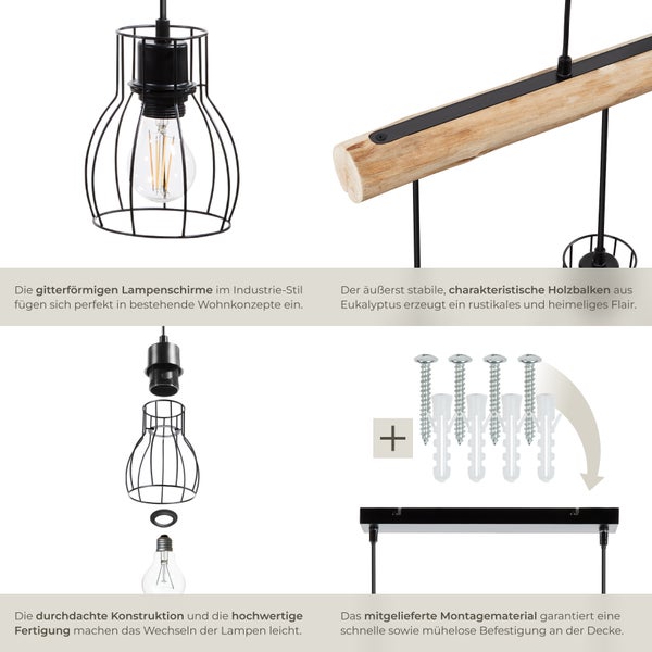 Detailaufnahme einer Pendelleuchte mit Lampenschirmen im Industriedesign, Holzträger aus Eukalyptus und Montagezubehör