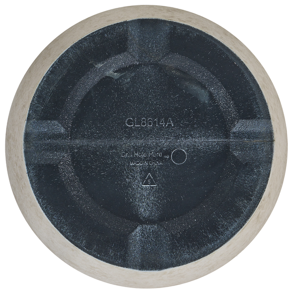 Unterseite Pflanzkübel, Markierung für Entwässerungsloch, Artikelnummer GL8614A, Recycling-Symbol Nummer 5.