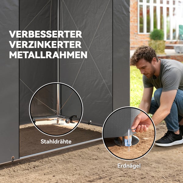 Montage eines Zelts mit verzinktem Metallrahmen, stabilisierenden Stahldrähten und Erdnägeln zur Bodenbefestigung.