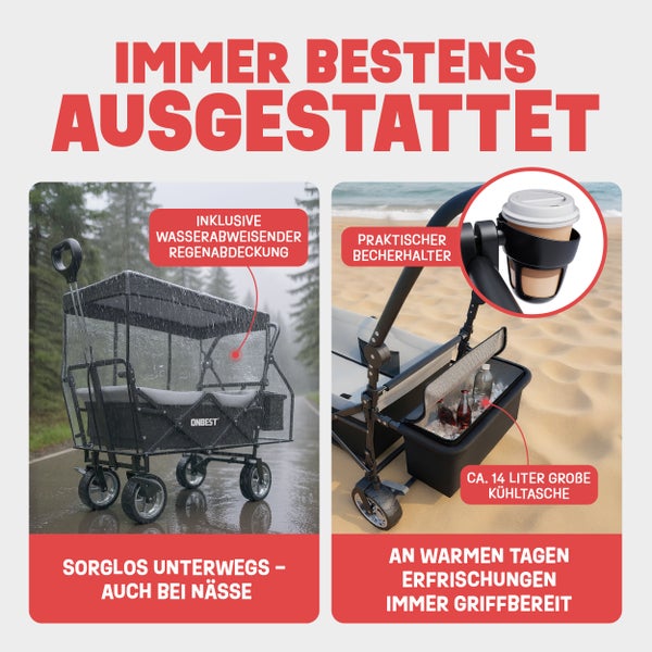 ONBEST Bollerwagen mit transparenter Regenabdeckung im Regen sowie Becherhalter und circa 14 Liter großer Kühltasche am Strand.
