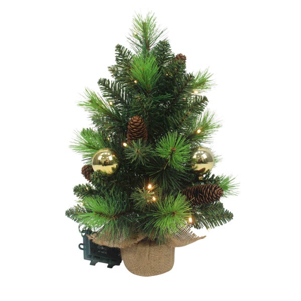 Geschmückter Mini-Weihnachtsbaum mit Beleuchtung, Tannenzapfen und Kugeln