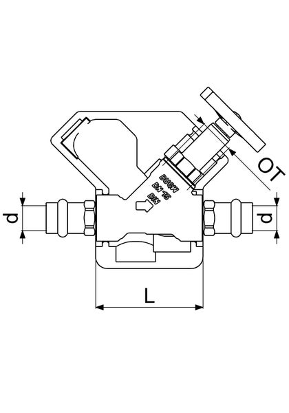 Technische Zeichnung eines Freistromventils mit Pressanschlüssen, Maßen für Durchmesser, Länge, Höhe und Nenndurchmesser 15 sowie Zertifizierungen.