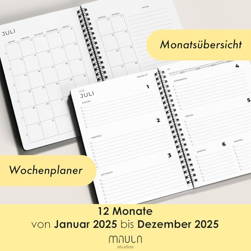 Milula Studios A4 Terminplaner 2025 - Buchkalender A4 Januar bis Dezember 2025 - Für mehr Organisation - Wochenplaner 2025 - Terminkalender Buch 2025 - Minimalistischer Planer Kalender 2025