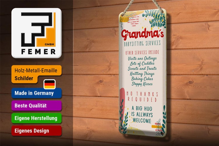 Blechschild Spruch Grandma´s Babysitting services 10x27cm
