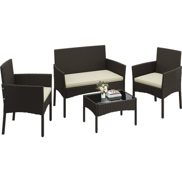 Gartenmöbelset mit Sofa, zwei Sesseln und Tisch mit Glasplatte