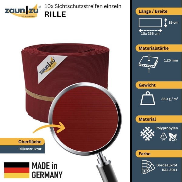 Zaunstreifen Rolle, 10 Stück, Rillenstruktur, Länge 255 cm, Breite 19 cm, Materialstärke 1,25 mm, Gewicht 850 Gramm pro Quadratmeter, Material Polypropylen, Made in Germany