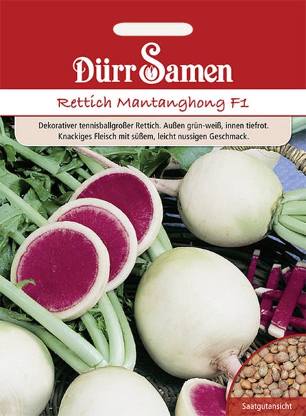 Dürr Samen Logo auf Samentüte für Rettich Mantanghong F1, Abbildung runder Rettiche mit weißer Schale, pinkfarbenem Kern und Ansicht der Samen.