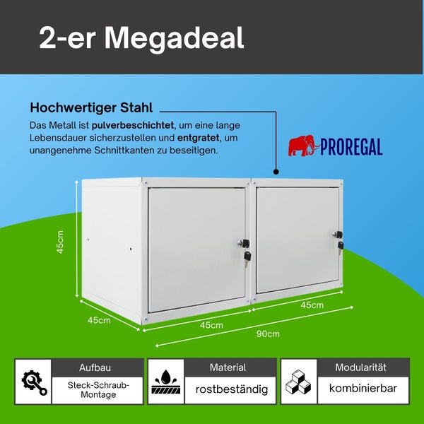Zwei Schließfächer aus pulverbeschichtetem Stahl, Maße je 45 mal 45 mal 45 Zentimeter, rostbeständig, einfache Montage, PROREGAL Logo.