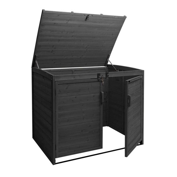 Holz Mülltonnenbox mit geöffnetem Deckel und Tür