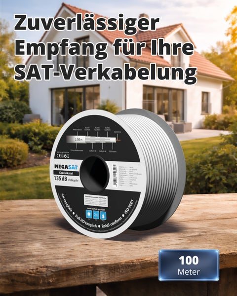Megasat Koaxialkabel 135 Dezibel Vollkupfer 100 Meter auf Kabelrolle vor einem Wohnhaus