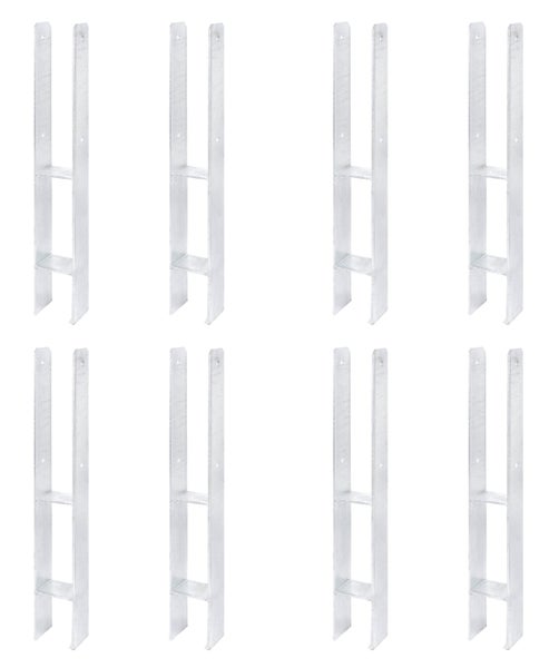 Set von acht feuerverzinkten Pfostenträgern U-Form zur stabilen Montage von Holzpfosten im Außenbereich.