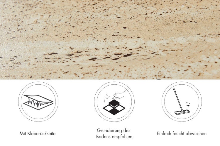 Bodenbelag mit Struktur und Piktogrammen für selbstklebende Verlegung, Grundierungsempfehlung und einfache feuchte Reinigung.