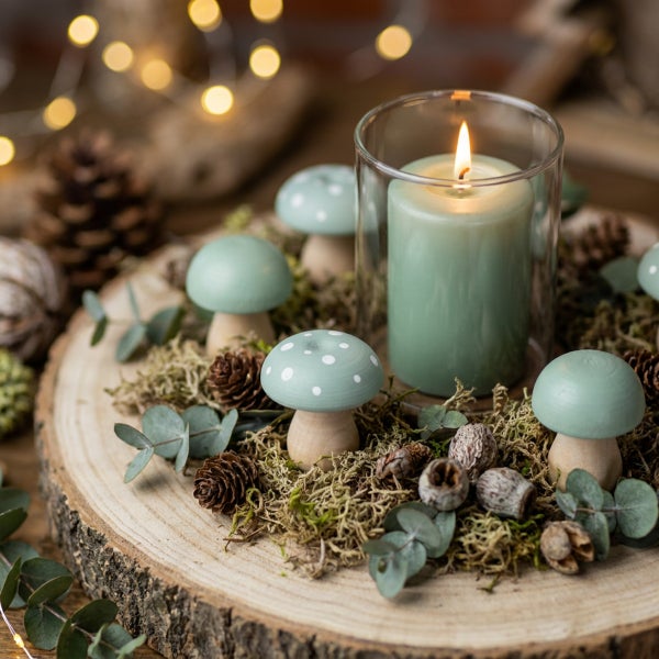 Herbstliche Tischdekoration auf Holzscheibe mit Stumpenkerze im Glas, Zierpilzen, Moos, Zapfen und Eukalyptusblättern mit Lichterkette.