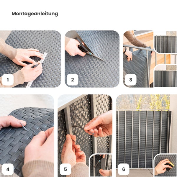 Sechsstufige Montageanleitung für einen Balkonsichtschutz aus Kunststoffgeflecht: Messen, Zuschneiden, Anbringen und Befestigen mit Kabelbindern.