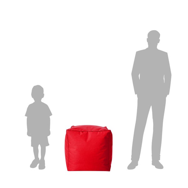 Quadratischer Sitzhocker als Sitzgelegenheit, dargestellt im Größenvergleich zu einer Person und einem Kind