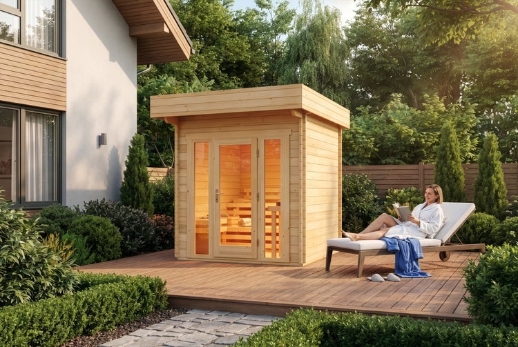 Moderne Garten-Sauna aus Holz auf einer Terrasse mit einer Frau in einem Bademantel, die sich auf einer Sonnenliege entspannt.