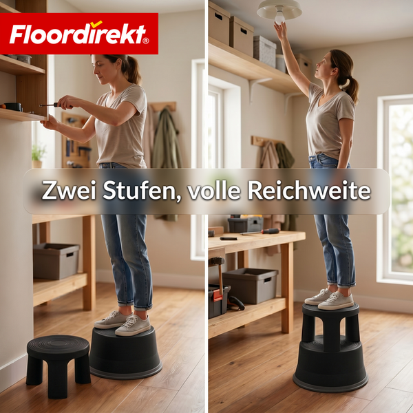Eine Frau nutzt einen zweistufigen Kunststoff-Rollhocker in einer hellen Werkstatt, um Regale zu erreichen und eine Lampe zu wechseln. Floordirekt Logo.