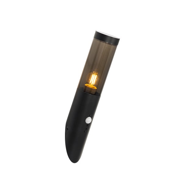 Zylindrische Außenwandleuchte mit Bewegungsmelder, schwarzem Metallgehäuse und getöntem Glas.