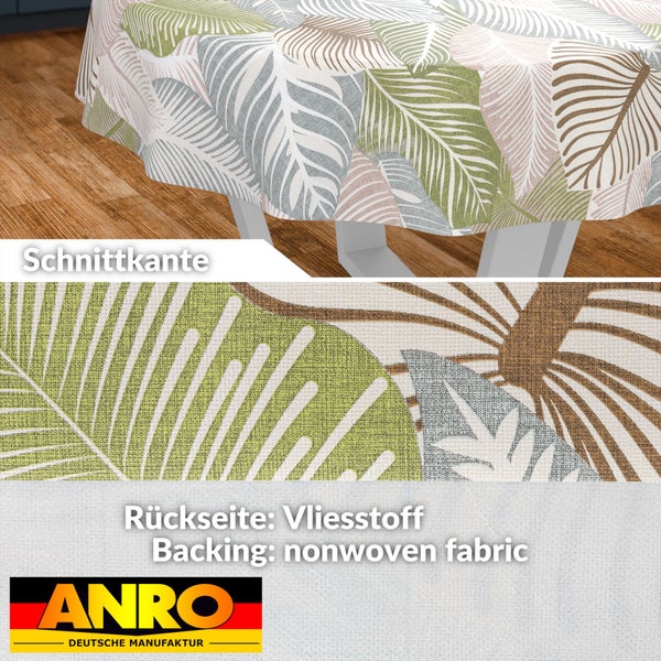 Abwaschbare Tischdecke mit Blattmuster, Detailansicht der Schnittkante und der Rückseite aus Vliesstoff, ANRO Logo.