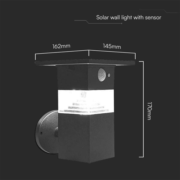 Solar Wandleuchte mit Sensor und den Maßen 162 mm x 145 mm x 170 mm.