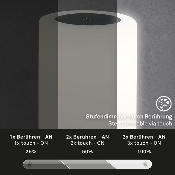 Briloner Leuchten - LED Tischlampe Akku, Dimmbar, Glas LED Tischleuchte Kabellos, Touchfunktion, 3.300K Warmweiß, Schwarz, 245x125 mm (HxD)