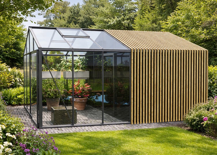 Modernes Gewächshaus kombiniert mit Holzlamellen-Anbau im Garten. Glaskonstruktion mit Metallrahmen und verschiedenen Pflanzen im Inneren.