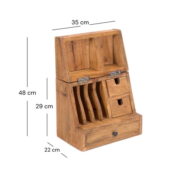 Schreibtisch-Organizer aus Holz mit Schubladen und Fächern, Breite 35 Zentimeter, Gesamthöhe 48 Zentimeter, Tiefe 22 Zentimeter.
