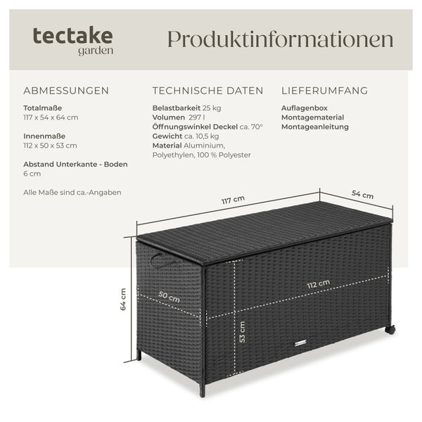Auflagenbox tectake Kuusamo 117 x 54 x 64 cm mit Aluminiumgestell und Rattangeflecht schwarz