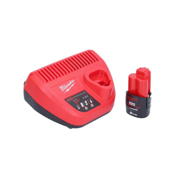 Milwaukee Akku- und Ladegerät-Set bestehend aus einem 12 Volt Lithium-Ionen-Akku mit 2,0 Amperestunden und dem Ladegerät C 12 C.