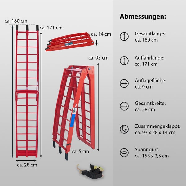 TRUTZHOLM 1 x Auffahrrampe klappbar 180 cm Traglast 340 kg Alu rot Riffelstab Verladerampe