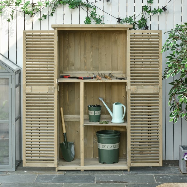 Outsunny Gartenschrank Holz Geräteschuppen Gerätehaus mit Asphaltdach Lamellentür Geräteschrank Schuppen Garten 4 Fächer Grau 87 x 46,5 x 160 cm