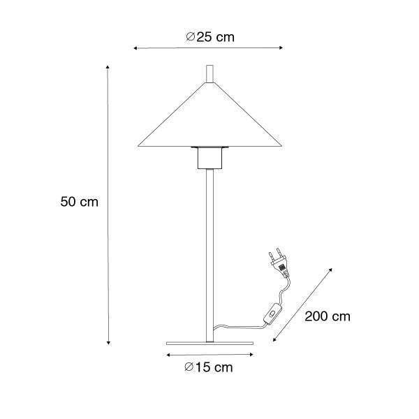 Technische Zeichnung einer Tischleuchte mit den Maßen 50 cm Höhe, Lampenschirmdurchmesser 25 cm, Fußdurchmesser 15 cm und Kabellänge 200 cm.