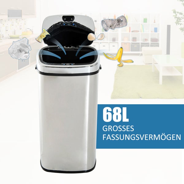 HOMCOM, Automatik Mülleimer, Abfalleimer, 68L, Edelstahl, Kunststoff, Silber