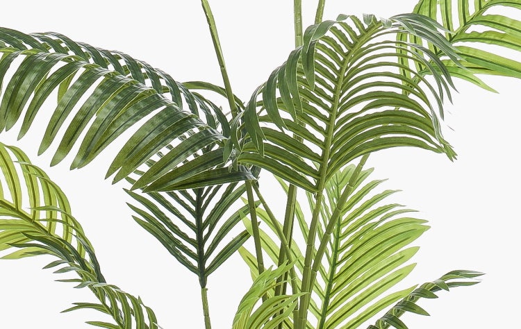 Nahaufnahme einer künstlichen Palme mit detaillierten grünen Palmwedeln und dünnen Stielen zur Dekoration.