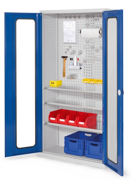 Offener Werkstattschrank aus Metall mit Sichtfenstertüren, Lochrückwand, Fachböden, Sichtlagerkästen und Werkzeughaltern.