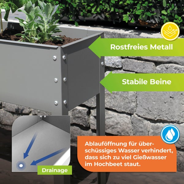 Hochbeet aus rostfreiem Metall mit stabilen Beinen und Ablauföffnung zur Drainage gegen Staunässe.