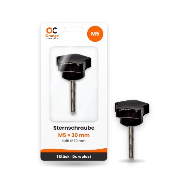 Sternschraube M5 mal 30 Millimeter mit 30 Millimeter Griff aus Duroplast in Blisterverpackung von Orange Commerce Logo