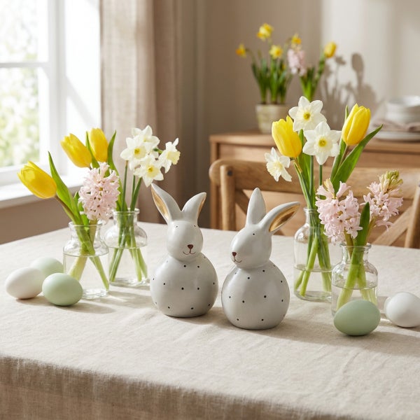 Osterdekoration mit zwei Keramikhasen, Glasvasen mit Tulpen und Narzissen sowie Ostereiern auf einem Tisch mit beiger Leinentischdecke.
