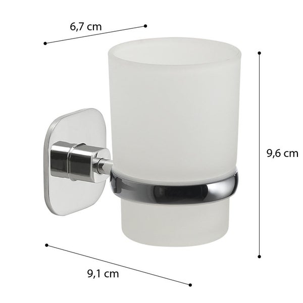 Wand-Zahnputzbecherhalter aus satiniertem Glas mit verchromter Halterung. Breite 6,7 Zentimeter, Höhe 9,6 Zentimeter, Tiefe 9,1 Zentimeter.