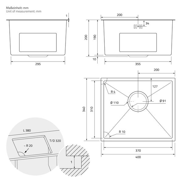 ML-Design Spülbecken Edelstahl 34x40 cm Anthrazit, Küchenspüle eckig, 1 Becken, Einbauspüle Unterbauspüle, Edelstahlspüle mit Ab- und Überlaufgarnitur, Einzelbecken mit Siphon, Waschbecken Küche Spüle