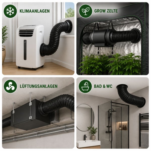 Vierteilige Collage zeigt Anwendungen eines flexiblen schwarzen Lüftungsschlauchs in Klimaanlagen, Growzelten, Lüftungsanlagen sowie in Bad und WC.