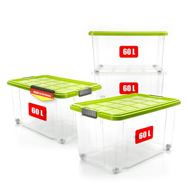 BigDean 4 Stück 60 L Aufbewahrungsbox mit Deckel groß limegrün - stapelbare robuste Box BPA-frei - rollbare Stapelbox mit festen Klickverschlüssen - Made in Germany