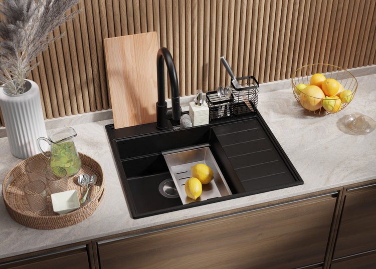 PRIMAGRAN Granitspüle Alles Schwarz 62x53cm, Spülbecken 1 Becken + Küchenarmatur 40x38cm + Ablauf-Set + Küchenzubehörset, Küchenspüle ab 45er Unterschrank - Sydney Pocket