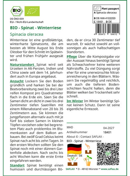 SAFLAX Garden to go - BIO - Spinat - Winterriese - Spinacia oleracea - 250 Samen - Mit Topf, Klima - Deckel und Anzuchtsubstrat