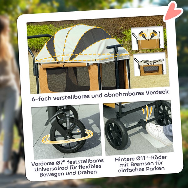 Bollerwagen mit verstellbarem Verdeck, feststellbarem Vorderrad und Bremse an den Hinterrädern
