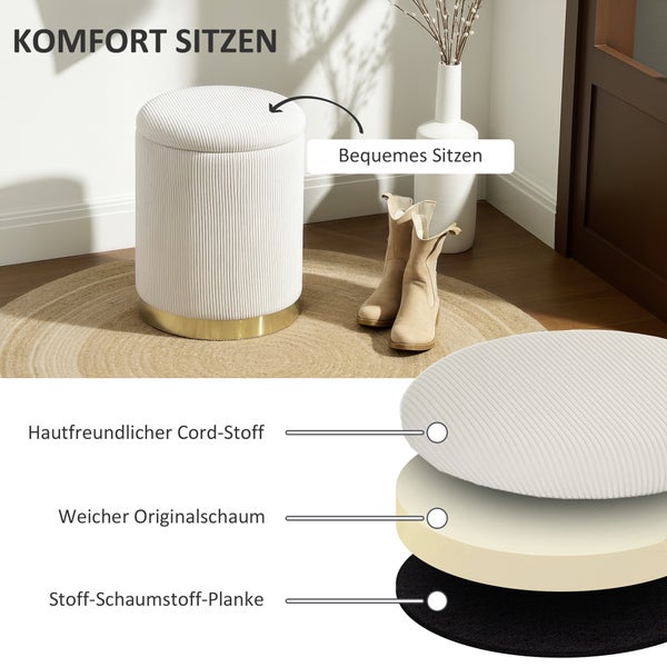 HOMCOM Sitzhocker mit Stauraum Hocker mit Deckel, Stahlboden, Runder Fußhocker Polsterhocker mit Fußpads, Kordoptik 36 x 36 x 44 cm Cremeweiß