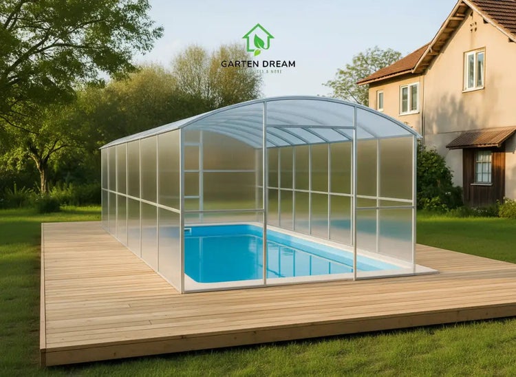 Hohe Poolüberdachung mit Bogendach aus Aluminium und Polycarbonat über einem Pool auf einer Holzterrasse im Garten. Garten Dream Logo.