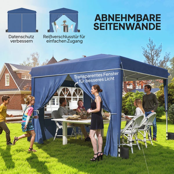 Blauer Gartenpavillon mit abnehmbaren Seitenwänden, transparenten Fenstern und Reißverschlusstür, Personen sitzen im hellen Garten an einem Tisch.