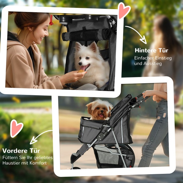 Produktbild: Haustierwagen mit zwei Hunden, einer wird gefüttert, mit Markierungen für vordere und hintere Tür