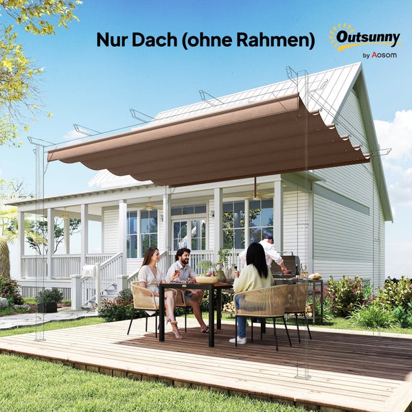 Braunes Ersatzdach für eine Pergola ohne Rahmen über einem Essbereich im Freien auf einer Holzterrasse. Outsunny Logo.